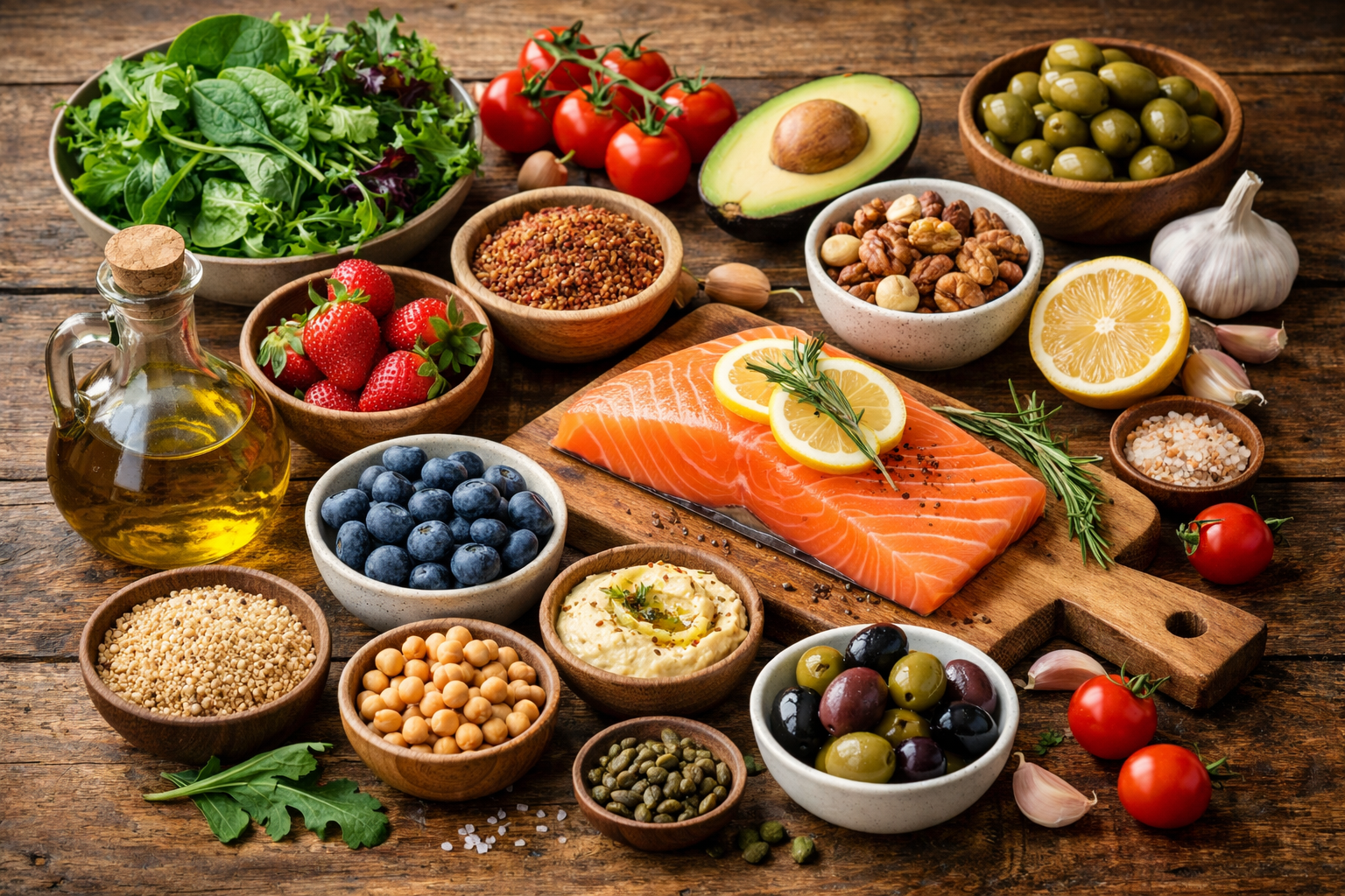 Fresh colorful Mediterranean diet ingredients on a rustic wooden table, including leafy greens, berries, salmon, nuts, olive oil, vibrant wellness food photography with natural lighting